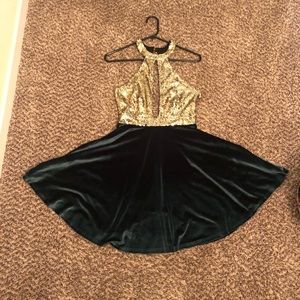 Cocktail Dress- Gold Sequin with Green Velvet
